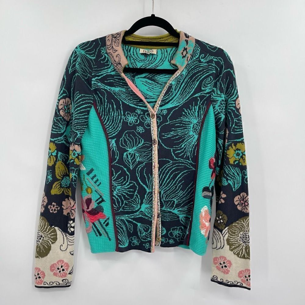 IVKO Anthracite Floral Embroidered Tight-Knit Cardigan Sweater Jacket Size 38